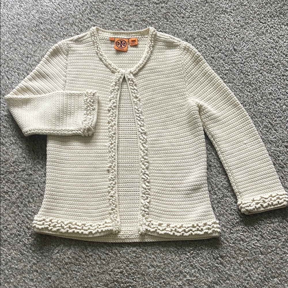 Tory Burch Cream Cardigan with Scalloped Trim